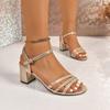 High Heel Sandals Women's Summer New European and American Foreign Trade Large Size Thick Heel Fashion One Line Button Medium Heel Sandals
