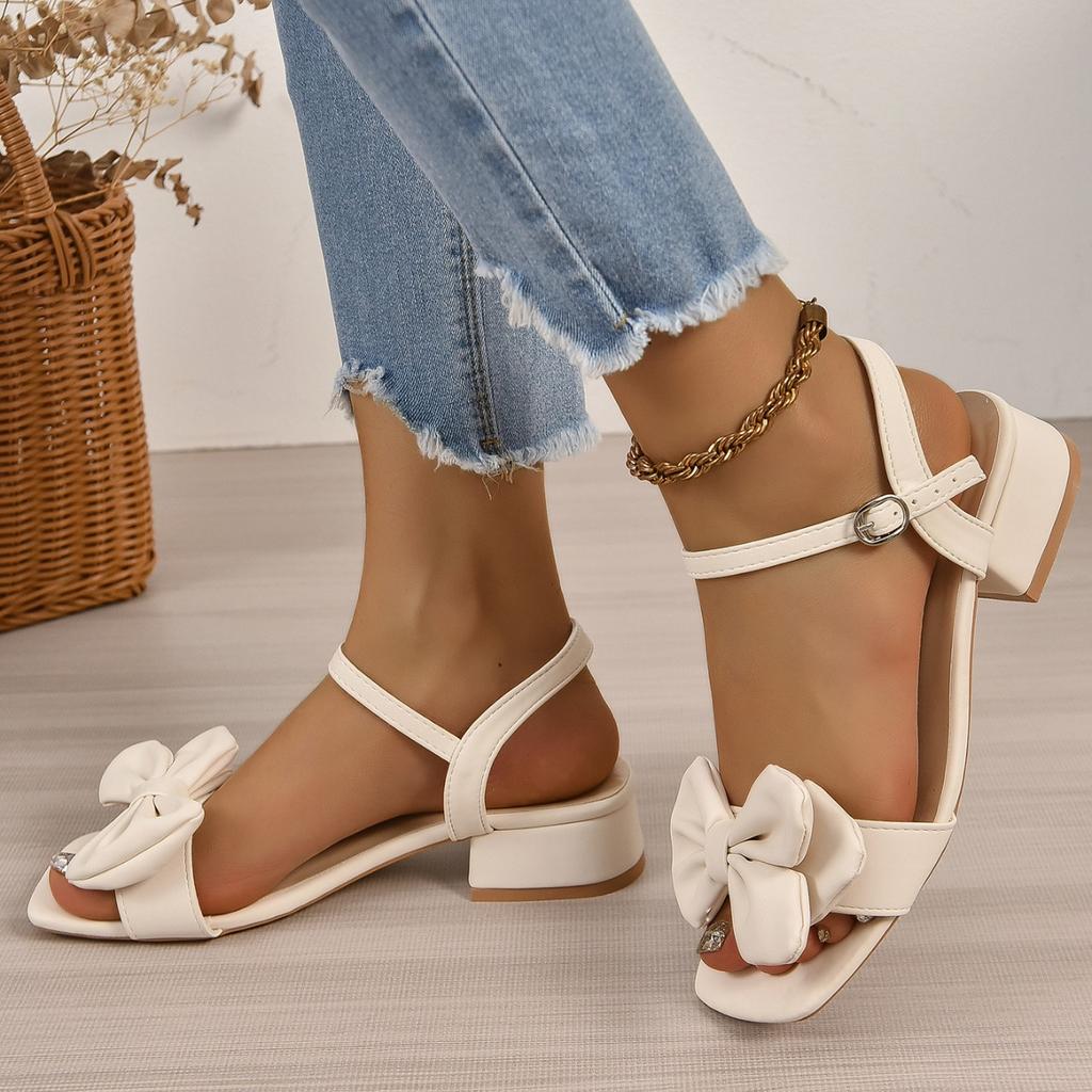 Fashion Large Solid Color Open-toe Sandals Women Summer New One-line Buckle Fashion Temperament Bow Knot Comfortable Women Shoes