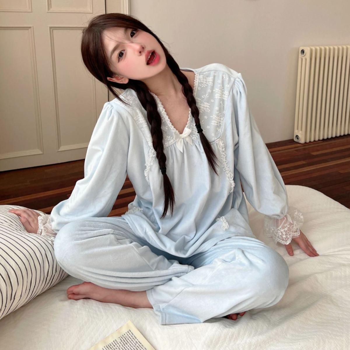 

Теплая пижама из 2 предметов, женская милая кружевная пижама, мягкий островной бархатный плюшевый ночной костюм, милая домашняя одежда в стиле принцессы, одежда для сна XL синий