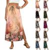 Women Elastic Waist Drawstring Midi Skirt with Pockets Floral Print Casual Loose Fit Split Hem Lightweight Skirt for Daily Wear