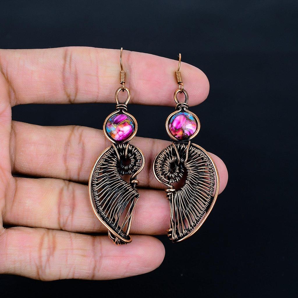 Pink Spiny Oyster 999 Copper Wire Wrapped Earrings, Handmade Gemstone Jewelry Earrings, For Memorial Day