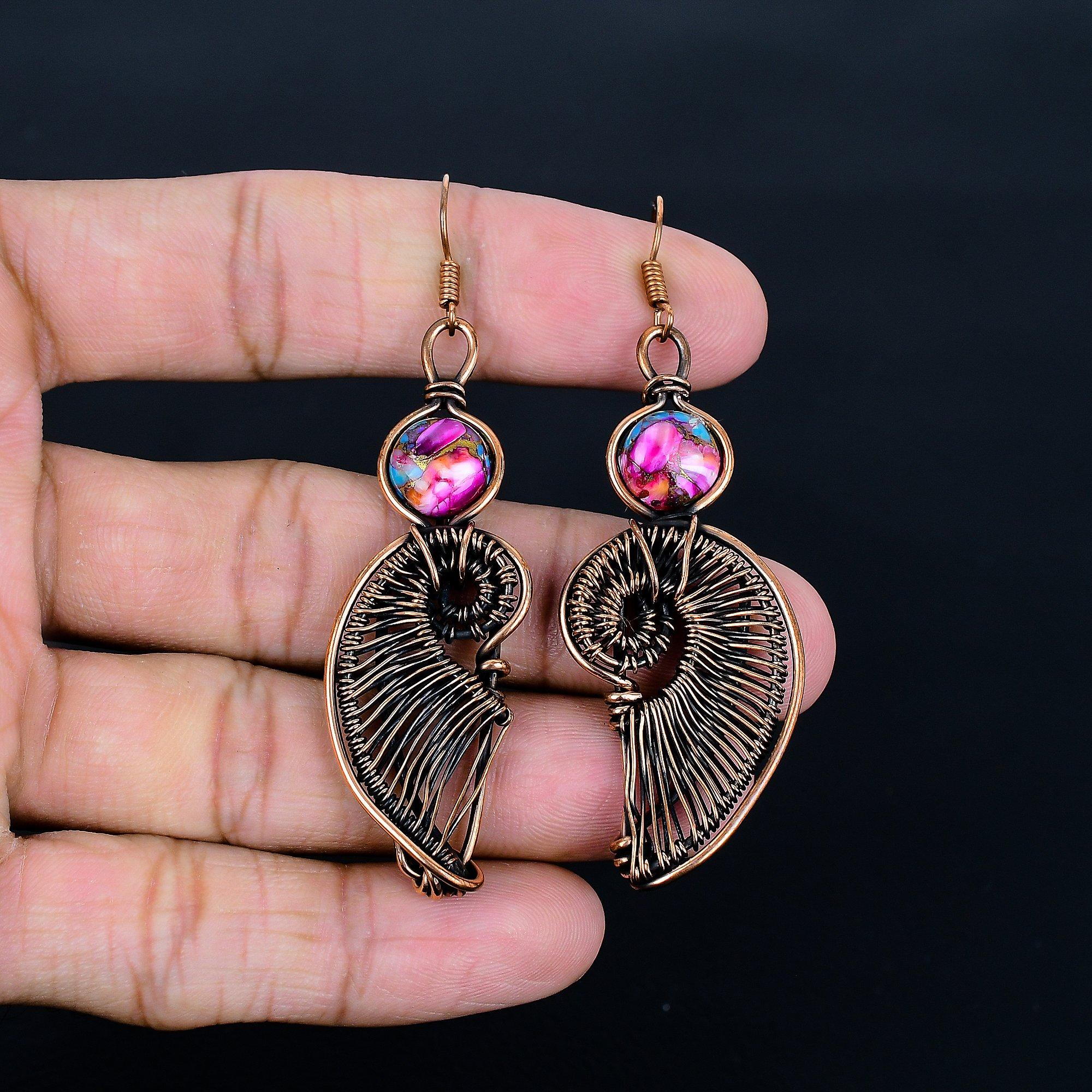 

Pink Spiny Oyster 999 Copper Wire Wrapped Earrings, Handmade Gemstone Jewelry Earrings, For Memorial Day