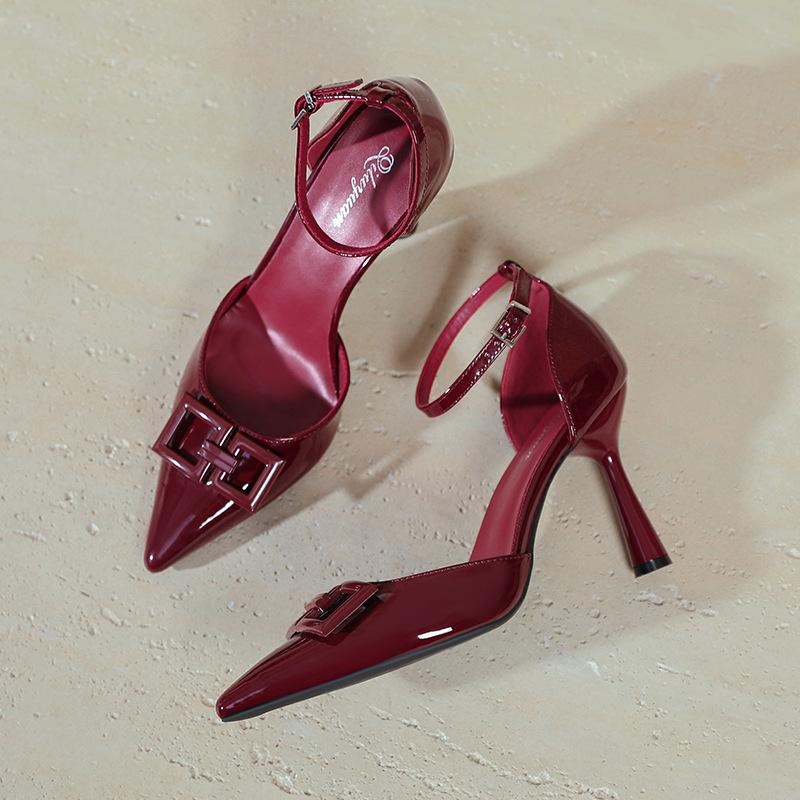 High-heeled Temperament Socialite Back Empty Bag Head Sandals Thin Heel Pointed Hollow Single Shoes Large Size Word with Red High Heels