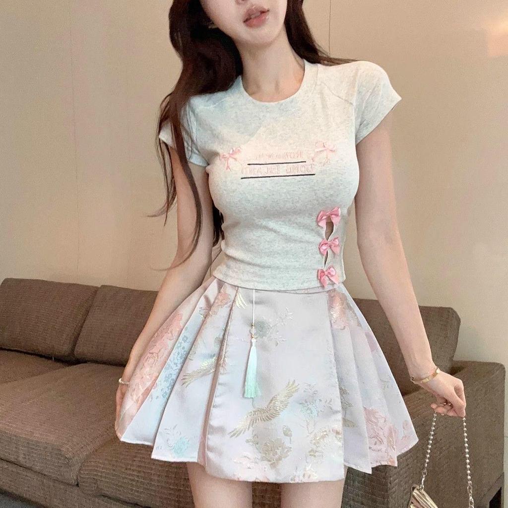 2025 Lato Szykowna Kokarda Różowa Ażurowa Koszulka z Krótkim Rękawem dla Kobiet