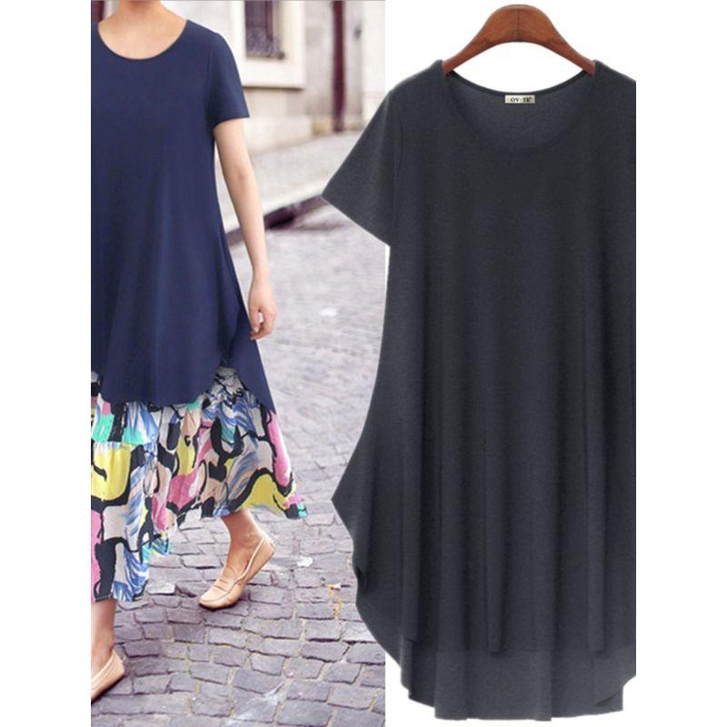 Cross-Border Foreign Trade Casual Minimalist Summer New round Neck Dark Blue Loose Short Oversleeves Front Short Back Length Dress