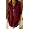 Women Casual Solid Color Lapel Zip Half Sleeve Fashion Blouse