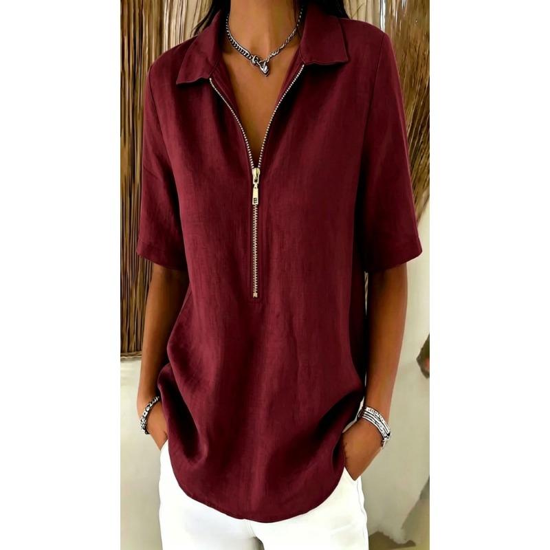 Women Casual Solid Color Lapel Zip Half Sleeve Fashion Blouse
