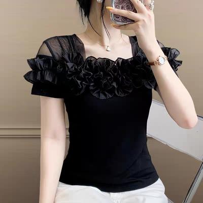 Classic Summer Women's Mesh Ruffle Flower Trim Square Collar Short Sleeve T-Shirt Elegant Boutique Lady Casual Tops Tees