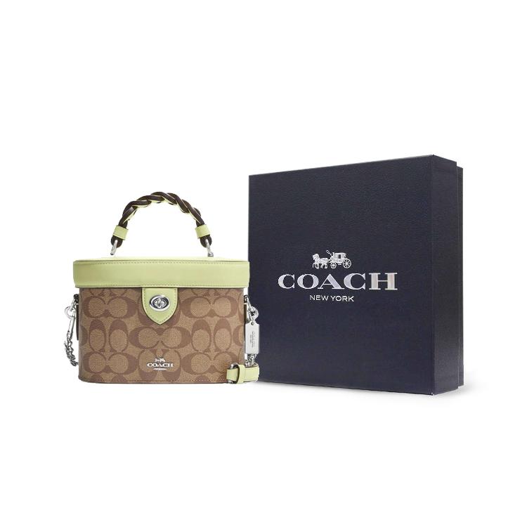 New COACH Kay Canvas With Leather Bucket Bag, Shoulder Bag, Crossbody Bag Small Women's Brown & Mint Green CJ613-SVUFH