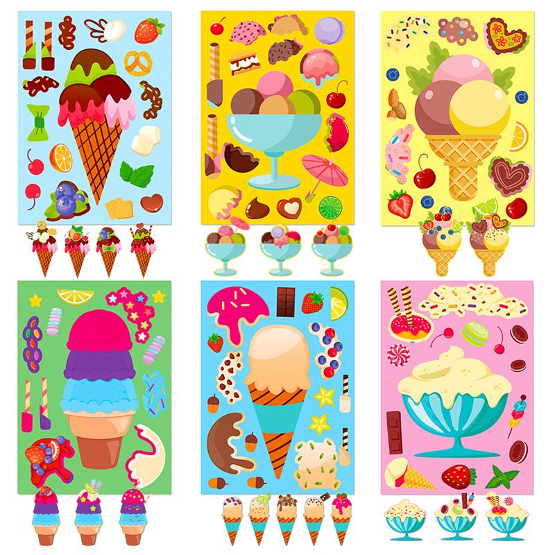 6-teiliges Set Eiscreme-Stickerbögen für Kinder – Süßes DIY-Eiscreme-Puzzle-Sticker-Set – Kindergeburtstagsgeschenk (TMZ)