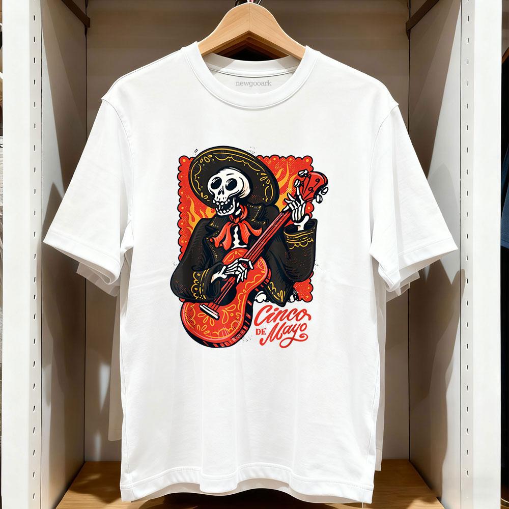

Cinco de Mayo Mexican Mariachi Skeleton with Guitar Classic TShirt Women Unisex Casual cotton printed t shirts Adult S