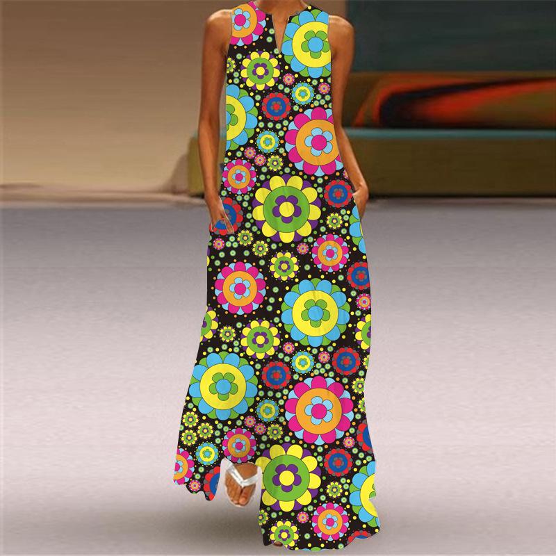 2024 Summer European & American V-Neck Floral Pocket Maxi Dress