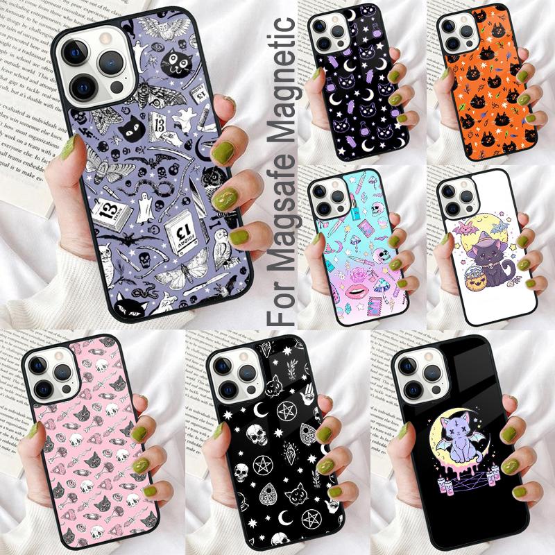 Girly Pastel Witch Goth Witch Cat Soft Phone Case for iPhone 17 Air 16e Pro Max 15 Pro 13 14 Plus 11 12 MagSafe Magnetic Coque