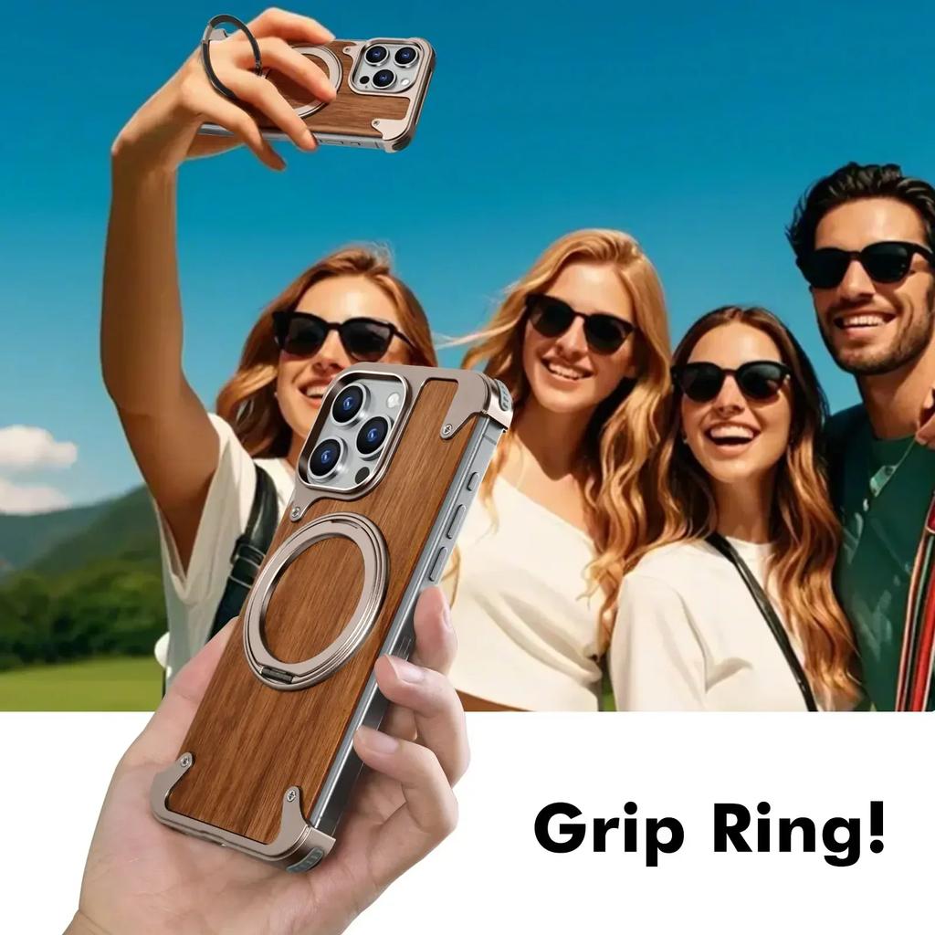 Oatsbasf Solid Wood Magsafe Phone Case for iPhone 14 15 16 Pro Max Shockproof Protective Cover W/ 360° Rotatable Ring Stand