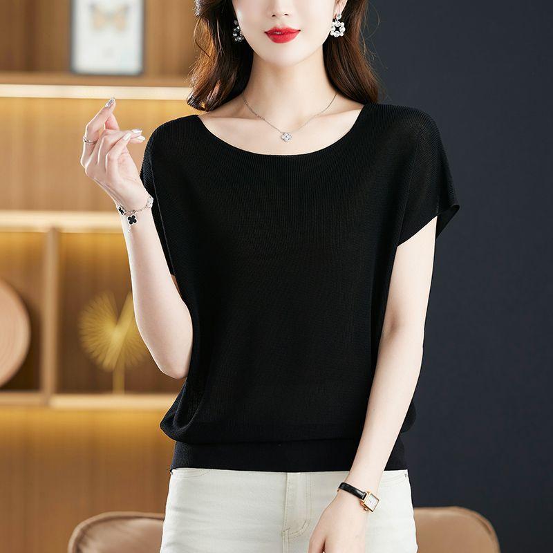 Summer Women Simple Commuting Versatile Loose Ice Silk Short Sleeve T-shirt Women's Solid One Line Neck Bat Sleeve Top Plus Size