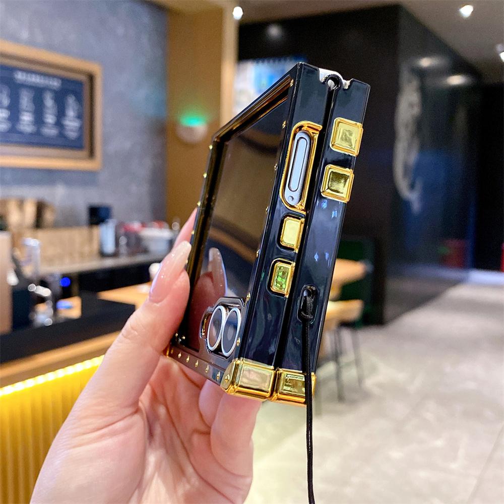 För Samsung Galaxy Z Flip 7 Lanyard Fodral, Ringstativ Plätering Blommigt Fodral för Galaxy Flip 7 Skyddande Coque