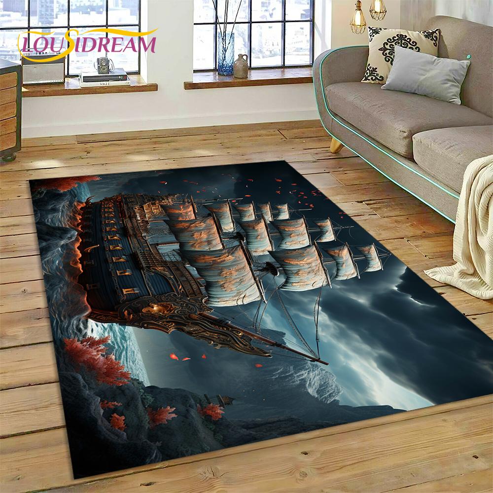 Antikes Piratenschiff Boot, Barke, Segelboot Teppich für Wohnzimmer Schlafzimmer Dekoration, Bodenteppich Rutschfeste Dekoration für Sofa Fußmatte