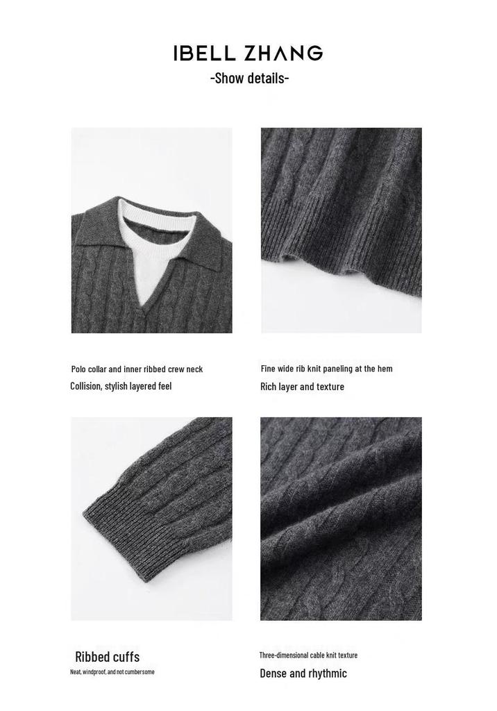 100% Pure Wool Color Block Lapel Korean Style Pullover Knitwear - Women's Autumn Winter Loose Cable Knit Sweater