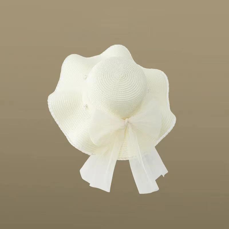 

Seasonal eaves woven hat women s pearl mesh bow straw hat outdoor sun protection visor high-end versatile hat M（56-58cm）