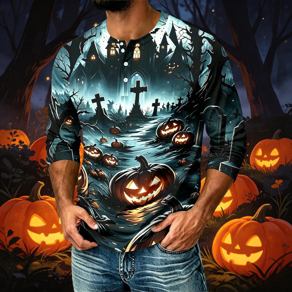 Men's Casual Raglan Three-Quarter Sleeve Shirt Halloween Print