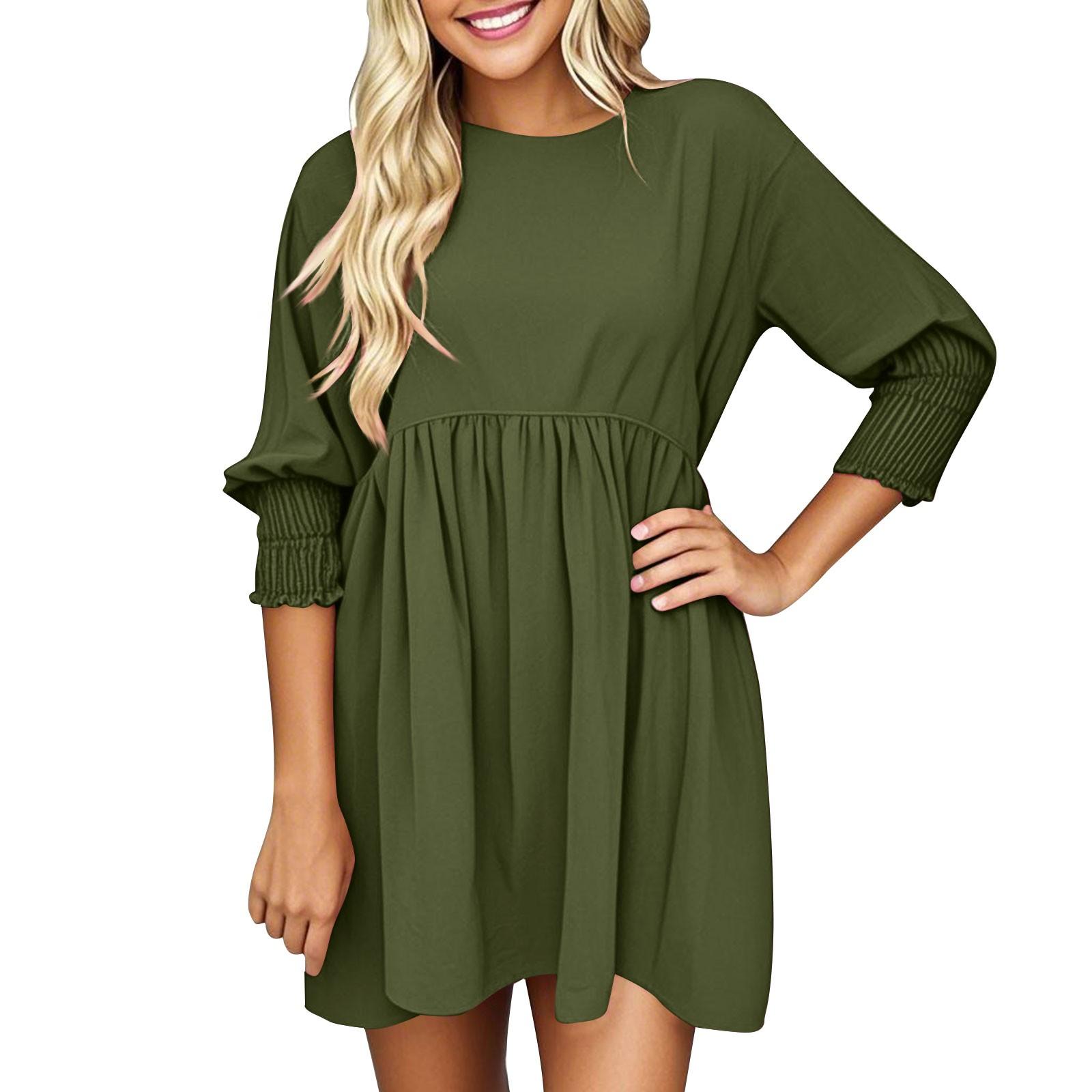 Women s Dresses Round Neck Drawstring Cuffs Pleated Casual Dresses XL