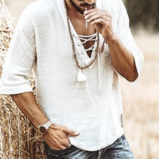 V-Neck Solid Color Men Shirt Lightweight Front Lace Up Half Sleeve T-shirt Male Clothing