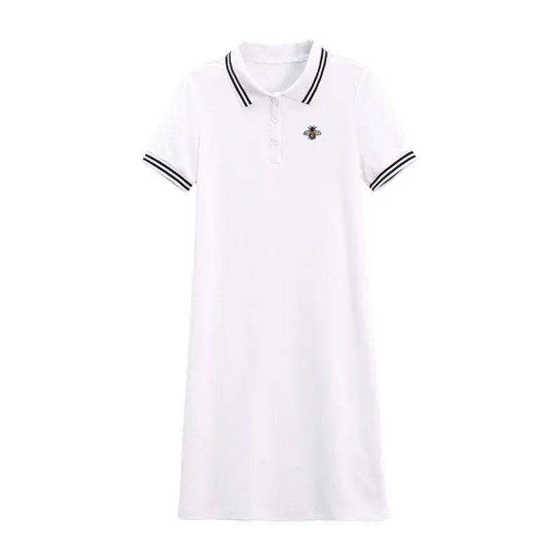 Summer Embroidered Short Sleeve Polo Collar Dress - Women's Loose Plus Size A-line Mid Skirt, College Style Color Block Design