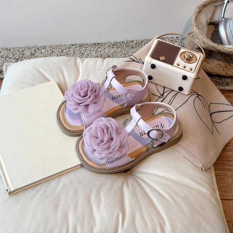 Girls Princess Shoes T-strap Big Flowers Kids Sandals Ins Trendy 2025 Summer New Girls Beach Shoes Non-slip Soft Sole Sweet