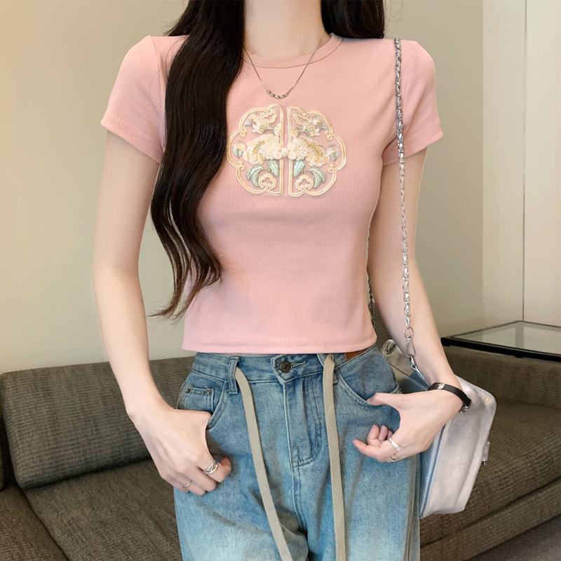 New Chinese Style Round Neck Short-sleeved T-shirt for Women In Summer New Slim Small Short Sweet Hot Girl Top