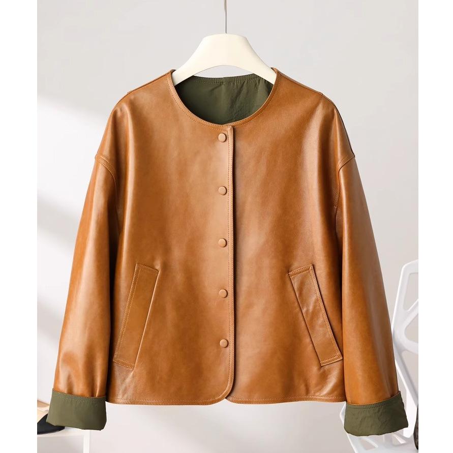 Dámský kožený krátký kabát z ovčí kůže s kulatým výstřihem, volný top, nový styl