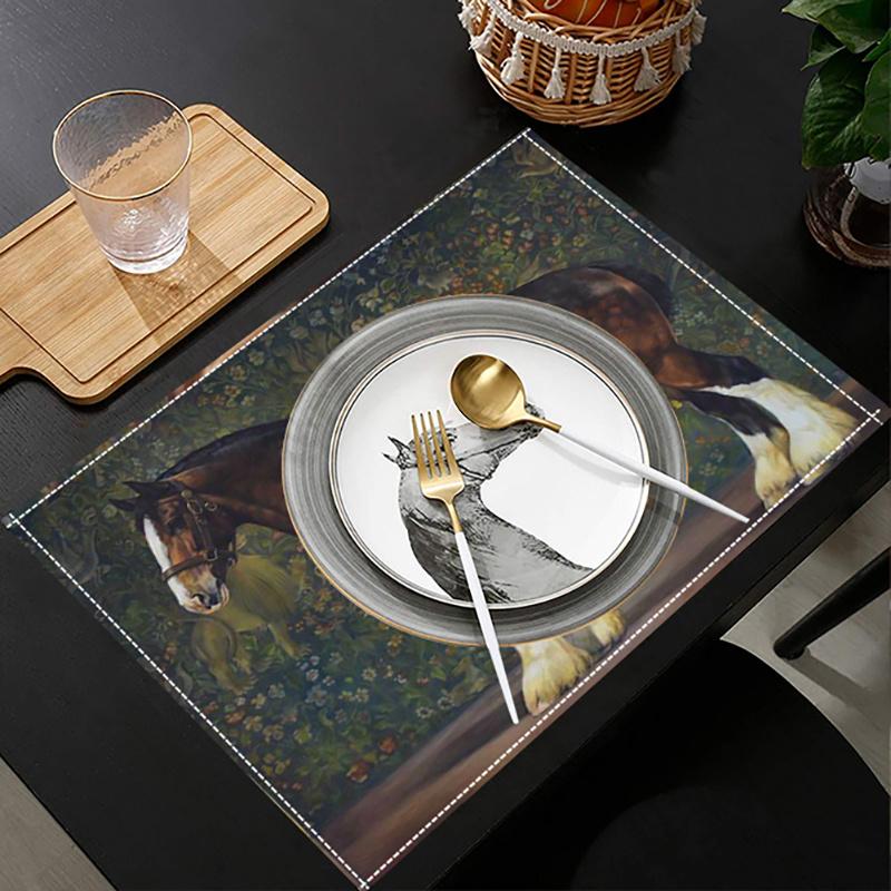 4pcs Set of Placemats, Elegant Brown Horse Pattern - 12x18 Inches, Suitable for Home and Party Decorations, Ideal Choice for Thanksgiving Dining,