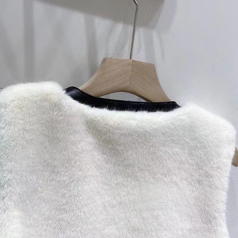 Autumn and Winter Women's Long Faux Mink Fur Vest with V-neckline and Splicing Faux Leather