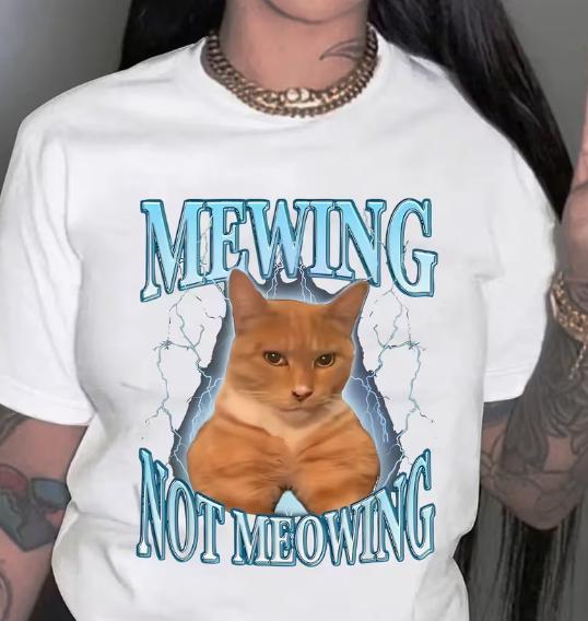 Cat Pattern Printed Womens Fashionable and Trendy Round Neck Short Sleeved Simple Casual Sports Tshirts S