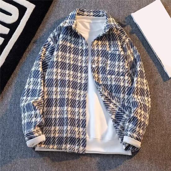 Men Woolen Jacket Lapel Long Sleeve Plaid Pattern Single-Breasted Coat with Chest Pocket Loose Fit Jacket Coat