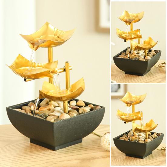 Gold Tabletop Water Fountain 3 Tier Lotus Indoor Desktop Fountain Ornament with Light Small Decorative Waterfall Fountain for Home Bathroom