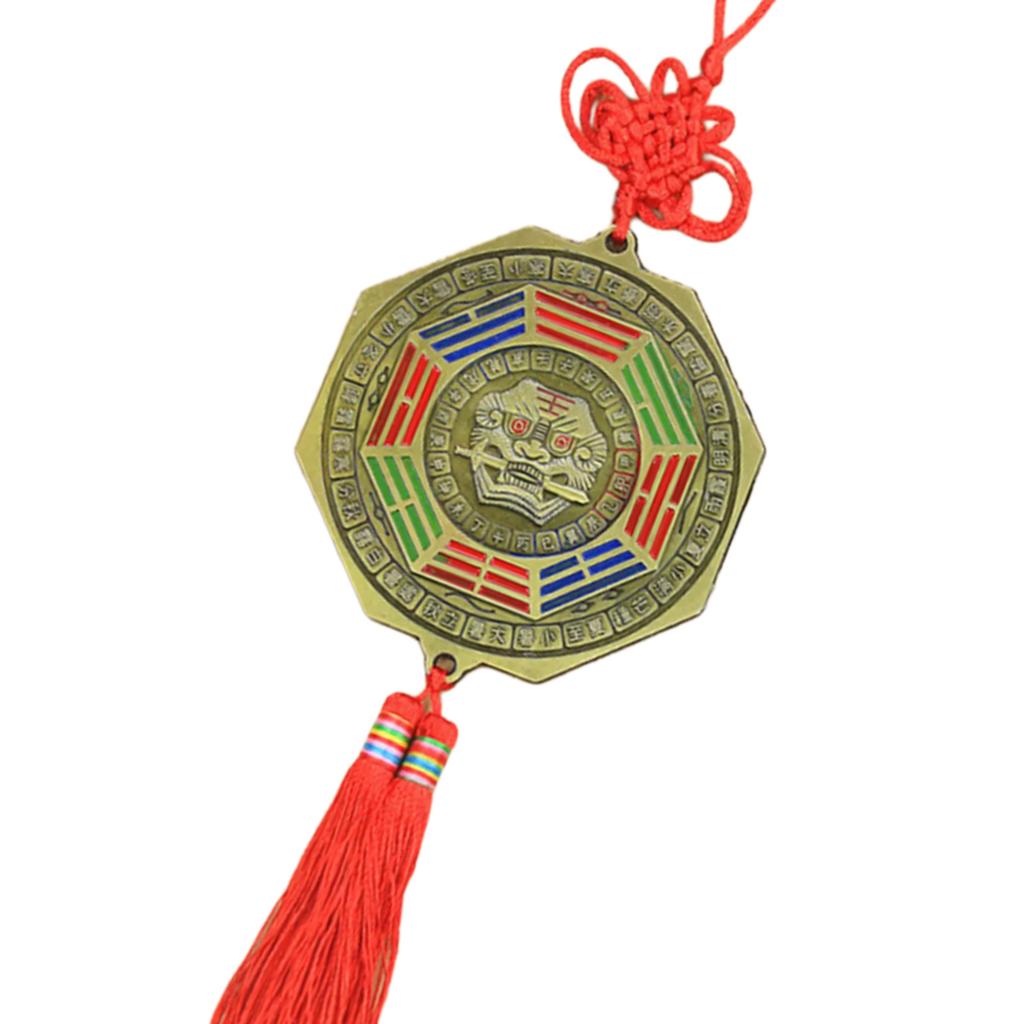 Fengshui Bagua Mirror Ornament for Home or Car Decors with Lion Biting Swords and Chinese Knots Tassels Pendant Charm