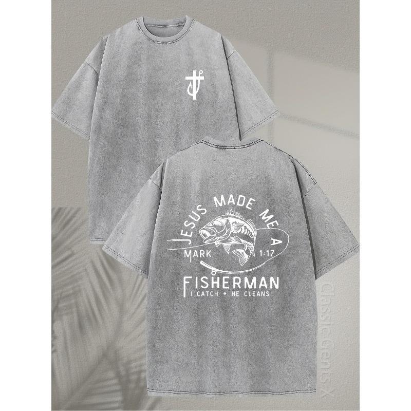 European Size SM Heavy  Double-Sided Fishing Design with an Inspirational Bible Verse, Retro Street Style, Suitable for Outdoor Casual Wear