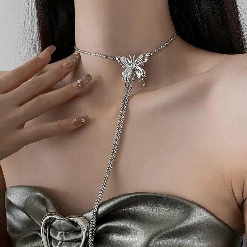 Nový Nádherný Lesklý Motýľový Sveter Náhrdelník Trendy Retiazka s Príveskami Strapec Kľúčna Kosť Choker Náhrdelník Dámske Šperky na Krk pre Dámy Darček