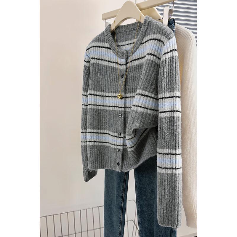 Women's Wool Blend Contrast Stripe Knit Cardigan