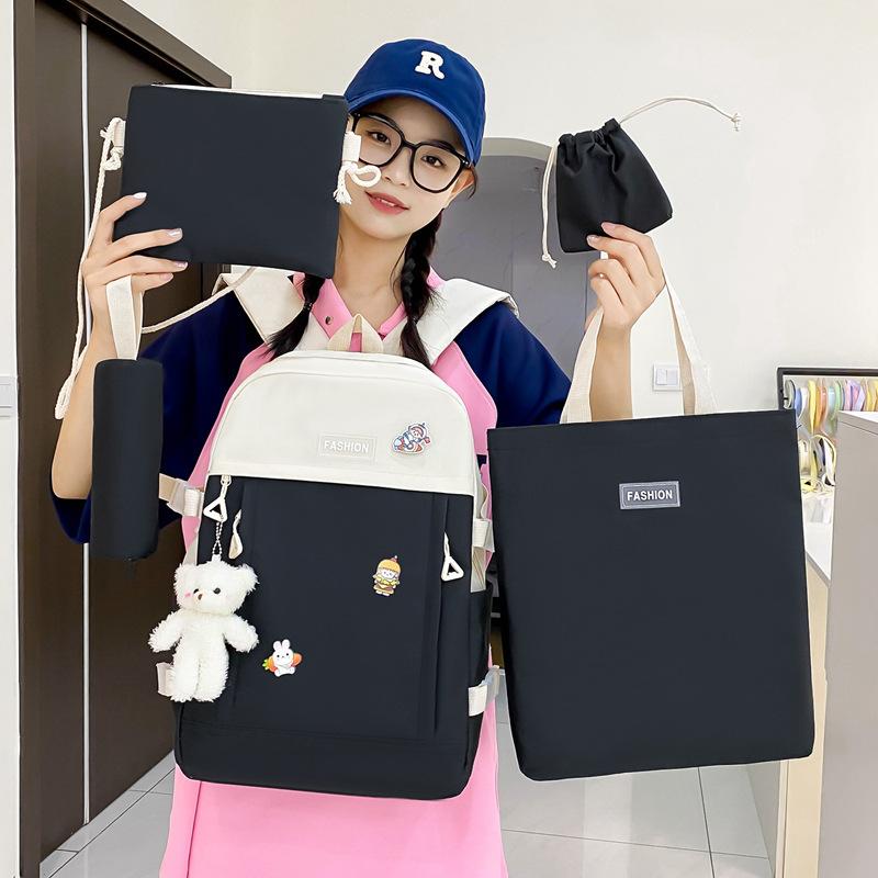 School Bag New Canvas Campus Backpack Five-piece Set Simple and Versatile Junior High School School Bag Multi-functional Casual Girls Backpack