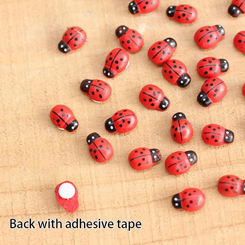 50/100Pcs Mini Wooden Ladybird Ladybug Self-Adhesive Sticker Children Painted Diy Crafts Fairy Garden Figurine Miniature Home De