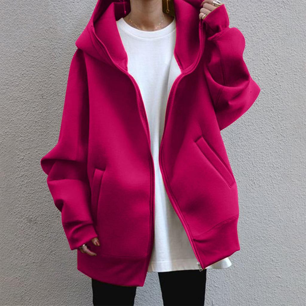 Spring and Autumn Four Seasons Women's Casual Loose Long Sleeve Zip-up Hoodie with Long Lining Coat
