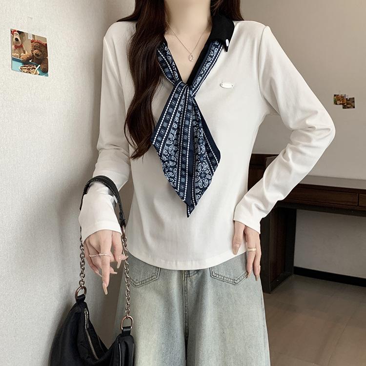Plus Size Women s Stylish Lapel Silk Scarf Polo Shirt Top 3XL грязно-белый