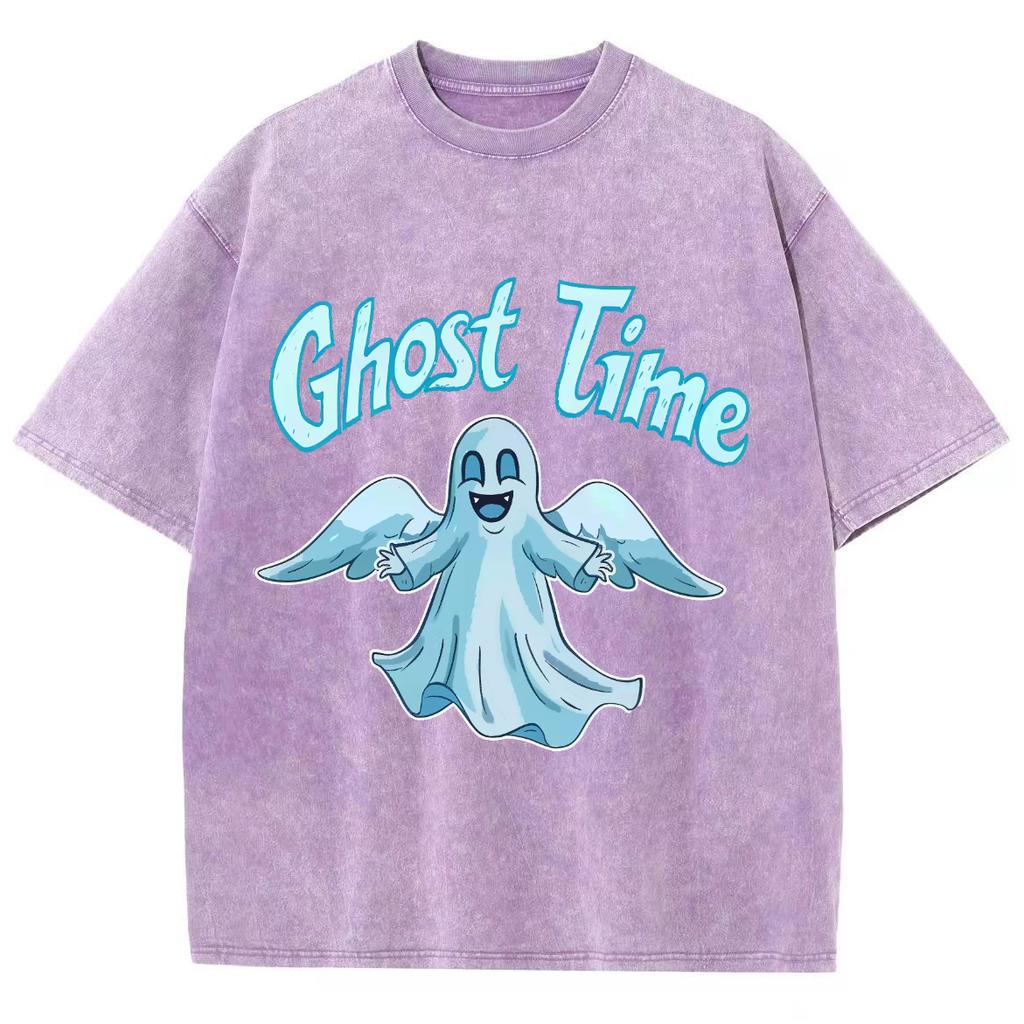 Blue Cartoon Ghost Print Women's T-Shirt Unisex Wash Cotton Crew Neck High Quality Short Sleeve Summer Basic Top