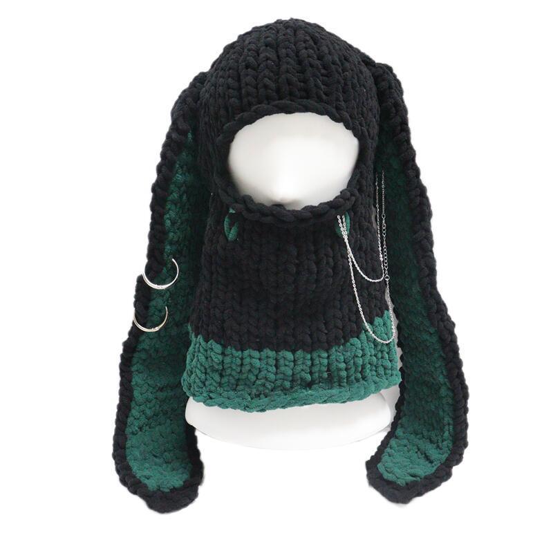New Hand-Knitted Velvet Rabbit Ear Hat with Devil Horns - Warm, Thick, Sweet, and Stylish Spicy Girl Face Mask