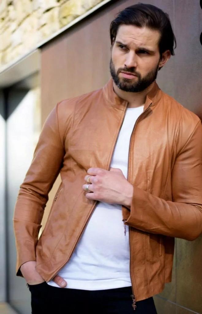 Stylish Hot Genuine Lambskin Biker Handmade Motorcycle Men's Tan Leather Jacket