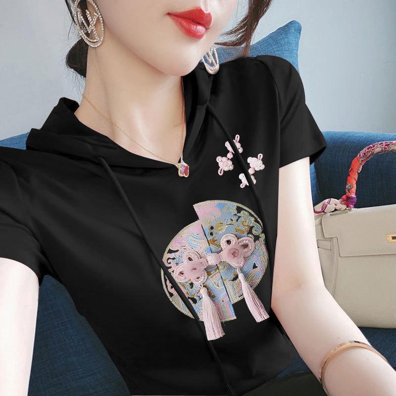 

Women s Short Sleeve Ethnic Hooded T-Shirt - 100% Cotton, Loose Fit, Casual Summer Style 2XL [Recommended for 62.5-70 kg]
