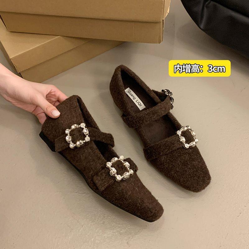 

Shi Single Shoes Temperament Mao Mao Shoes Rhinestone Mary Jane Shoes Women S Inner Height Increase Of 3Cm New Square Head Winter 35 коричневый