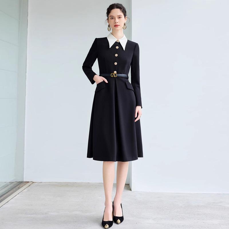 

Elegant French Black Long Sleeve Midi Dress with High Waist Umbrella Skirt S