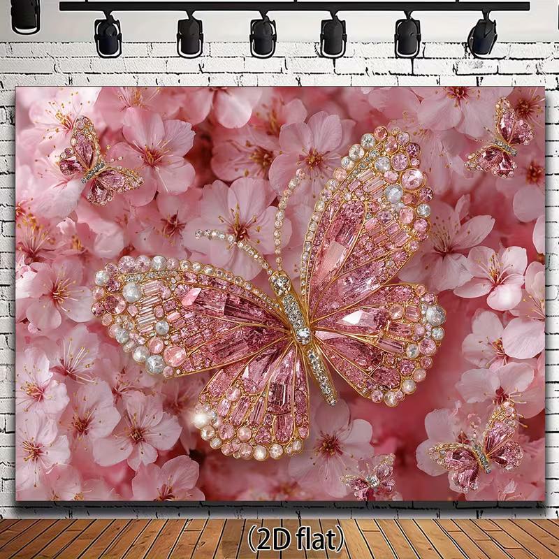 2D Pink Gem Butterfly Backdrop Cherry Blossom Floral Photography Background